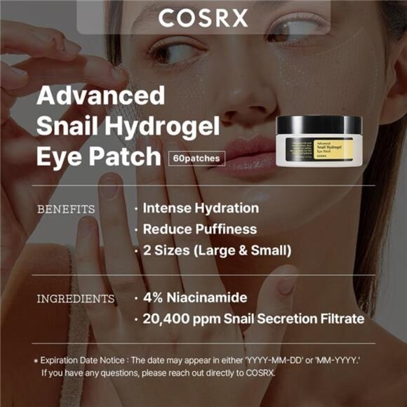 COSRX Advanced Snail Hydrogel Eye Patch (60pc), Gel Serum Mask, Puffy Undereye - Picture 2 of 7